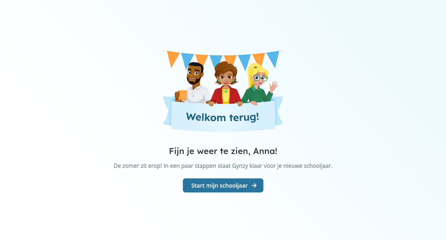 Welcome screen with three illustrated teachers holding a 'Welkom terug!' banner and a 'Start mijn schooljaar' button